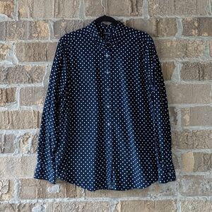NWOT Lands' End Corduroy LS Button Front Shirt Navy Blue White Polka Dot Large